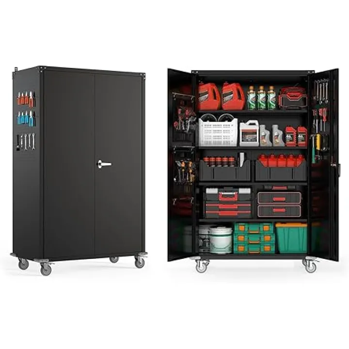 72"x44"x22" Metal Garage Storage Cabinet with Wheels & Pegboards, Black Steel Locking Cabinet with 4 Adjustable Shelves, Rolling Tool for Garage, Basement, Home, Office