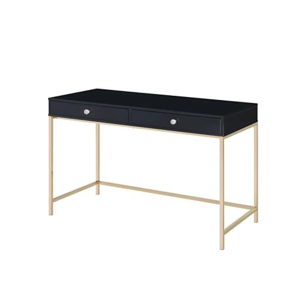 TREATLIFE HOME Contemporary Rectangular Writing Desk with 2 Drawers, High Gloss Black Finish and Gold Metal Legs, Stylish Office Furniture