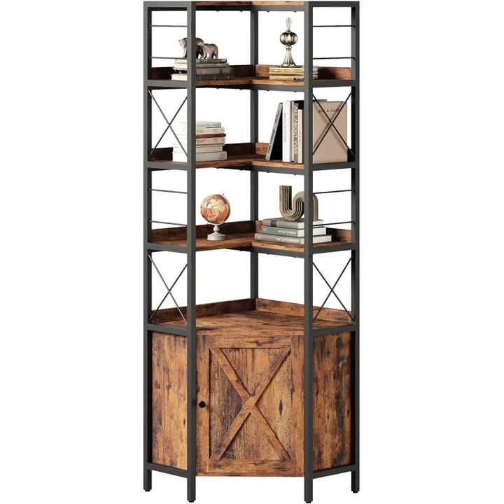 IRONCK Bookshelves 5 Tiers, Corner Bookshelf with Baffles, Bookcase and Bookshelf with Doors, Industrial Display Bookshelves for Living Room, Kitchen