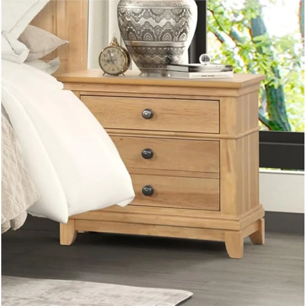 MASARA Farmhouse Style Nightstand, Natural Oak, 3 Drawers with Felt-Lined Top, 28W x 17D x 26.5H inches