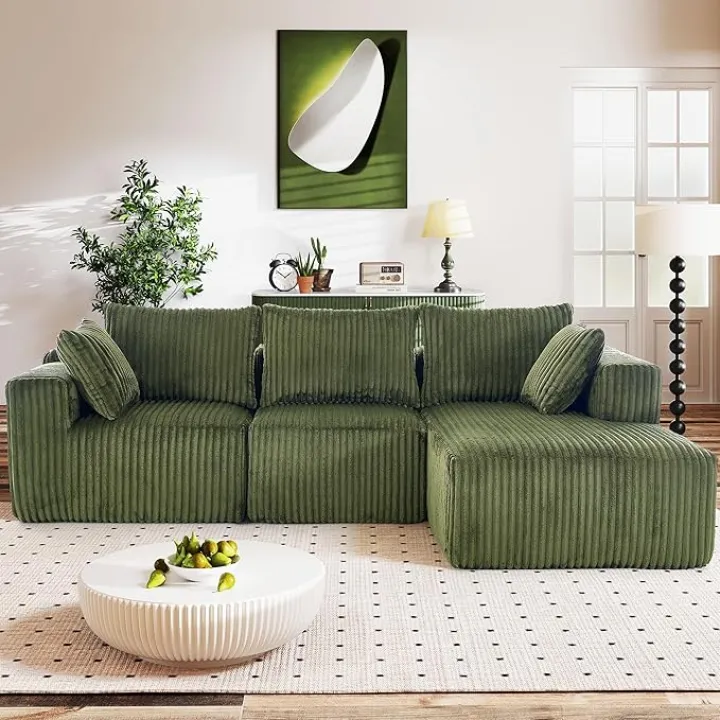 Cloud Modular Sofa Couch with L-Shape Chaise,Modern Sectional with Deep Seat, Upholstered Couches for Living Room Bedroom,No Assembly Required, Plush Corduroy Fabric 102"(Green)