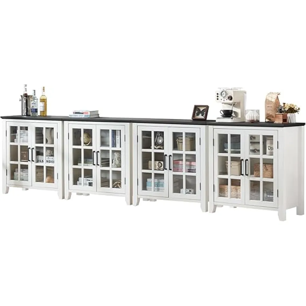Large Sideboard Buffet Cabinet with Storage, 32" Farmhouse White Kitchen Coffee Wine Bar Cabinet with 4 Glass Doors, Wood Mid Century Modern Side Board Table for Dining Room, Living Room (3PCS)