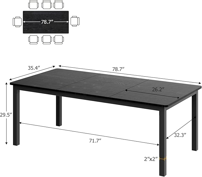 78.7in Industrial Dining Table for 8, Wooden Long Dinner Table with Mortise Tenon Design, Kitchen Table with Sturdy Metal Legs, for Dining Room Home Office Living Room, Black