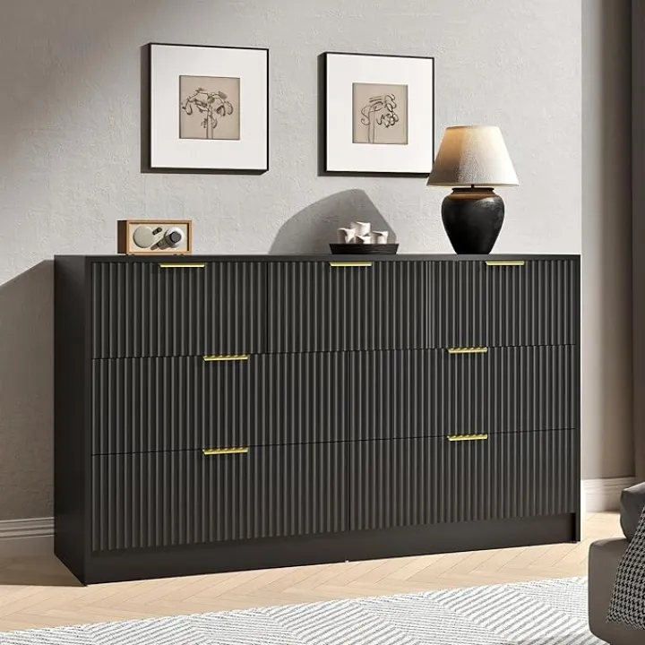 Black Dresser with 7 Drawer - 55” Wide Fluted Dresser for Bedroom with Metal Handle, Chest of Drawer, Wood TV Stand for Bedroom, Living Room, Black