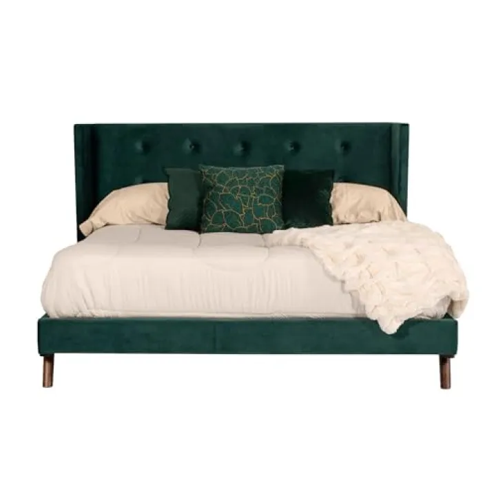 Benjara Dury King Size Platform Bed, Velvet Upholstery, Tufted Wingback, Green and Brown