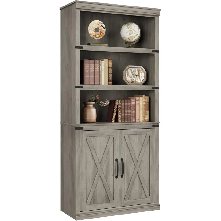 CABIHOME 5 Tier Book Shelf, Farmhouse Book Case with Cabinet, 68.7" Tall Book Shelf with Storage Doors, Wooden 5 Shelf Book Case for Home Office, Living Room, Bed Room