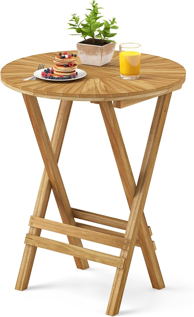 Tangkula Patio Folding Side Table, 23.5" Teak Wood Round End Table with Slatted Tabletop & X-Shaped Frame, Portable & Compact Bistro Table for Backyard, Poolside, Garden, Fully Assembled, Natural