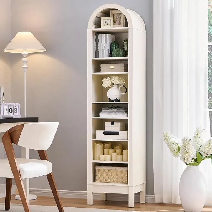 71" Tall Arched Bookshelf, 8 Tiers Arch Bookcase with Storage, Modern Farmhouse Book Shelf with Adjustable Shelves, Wood Bookshelf w/Open Display Shelves for Living Room, Office (Antique White)