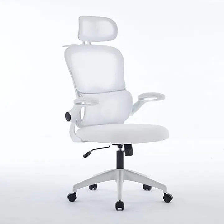 Ergonomic Mesh Office Chair, 400 lbs Capacity, High Back Desk Chair with Adjustable Lumbar Support, 3D Headrest, Flip-Up Armrests, and PU Wheels for Long Workdays and Home Office (White)