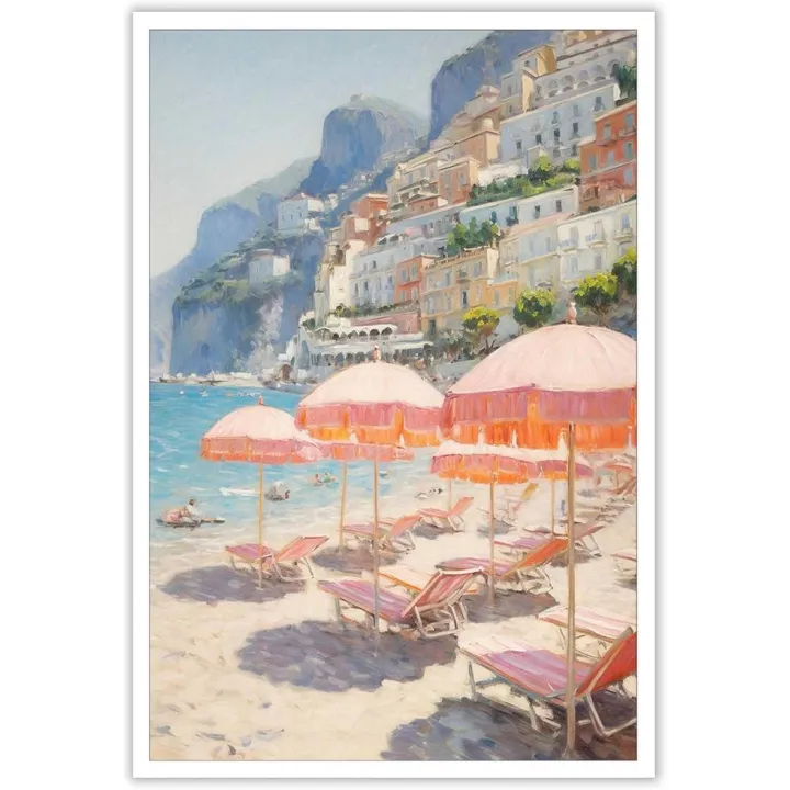 Vintage Pink Beach Umbrella Posters Summer Beach Canvas Wall Art Amalfi Coast Italy Landscape Minimalist Preppy Prints Painting For Home Bedroom Dorm Wall Decor 8x12in Unframed