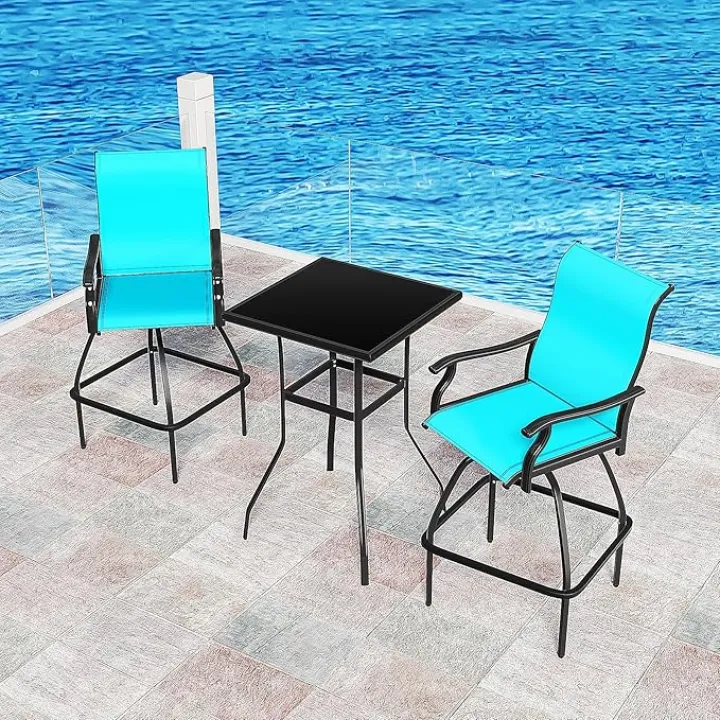 LEVELEVE Patio Bar Set 2pcs Swivel Bar Stools Outdoor Bistro Textilene Furniture Stability All-Weather Set (3, Lake Blue Padded)