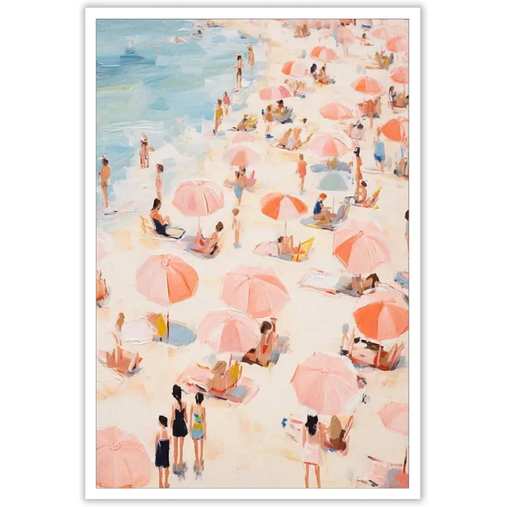 Vintage Blue And Pink Coastal Parasols Posters Pastel Summer Beach Cowgirl Canvas Wall Art Seaside Swimming Preppy Prints Painting For Home Bedroom Dorm Wall Decor 12x16in Unframed