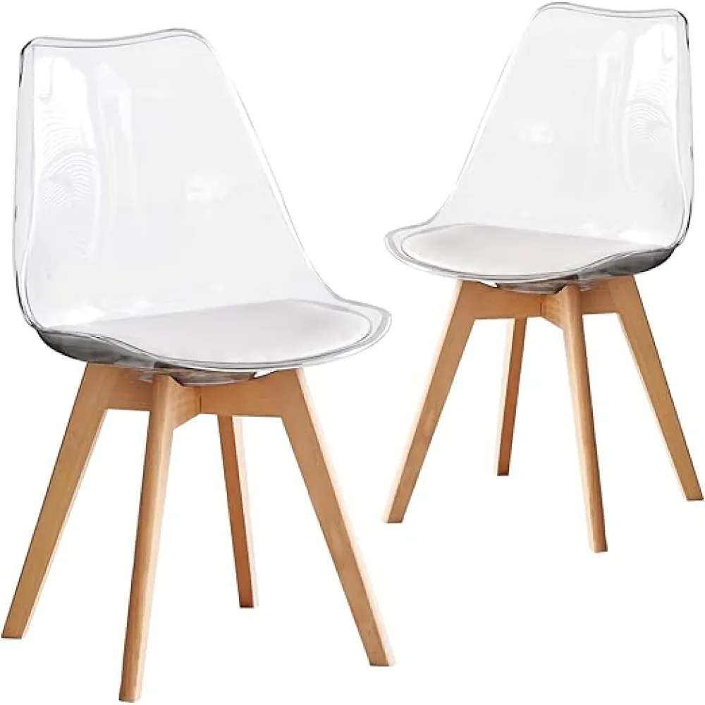 Dining Chairs Set of 2, Clear Acrylic Mid Century Modern Kitchen Chairs with Soft Padded and Wood Legs for Dinner Living Waiting Room Bedroom