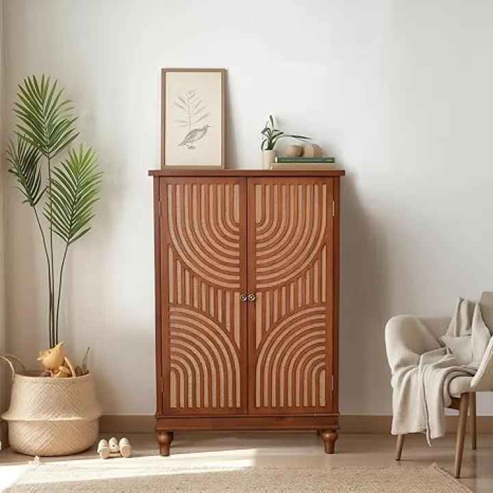 PHI VILLA Tall Accent Cabinet with Doors, Wood Storage Cabinet Farmhouse Sideboard Buffet, Rattan Cabinets