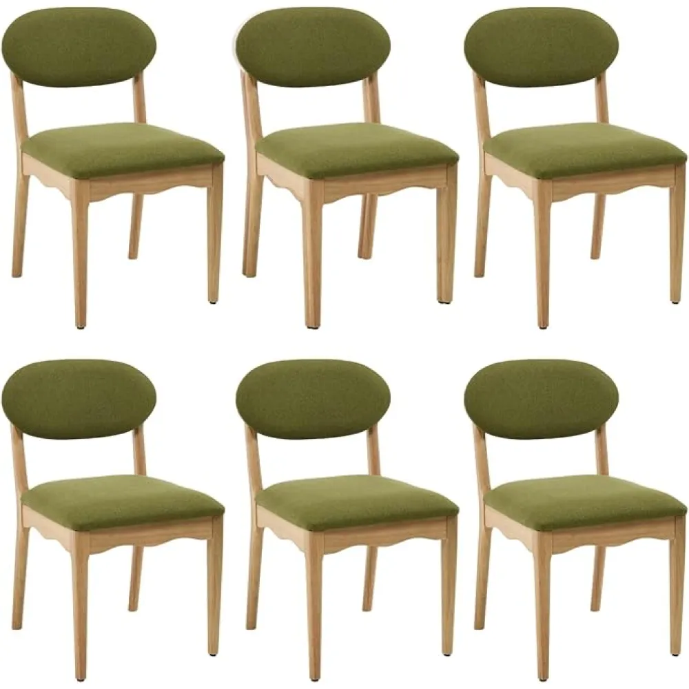 Green Dining Chairs Set of 6 Wood Farmhouse Dining Room Chairs Linen Fabric Armless Kitchen Chairs with Upholstered Cushion, Natural Oak Wood
