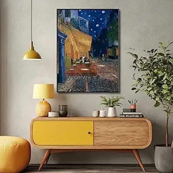Van Gogh's Cafe Terrace at Night Canvas Wall Art, Post-Impressionism Wall Art, Famous Painting Reproduction Prints, Large Framed Art Canvas Prints or Living Room Bedroom or Office (Black Metal Frame, 26L"x20W", Framed)