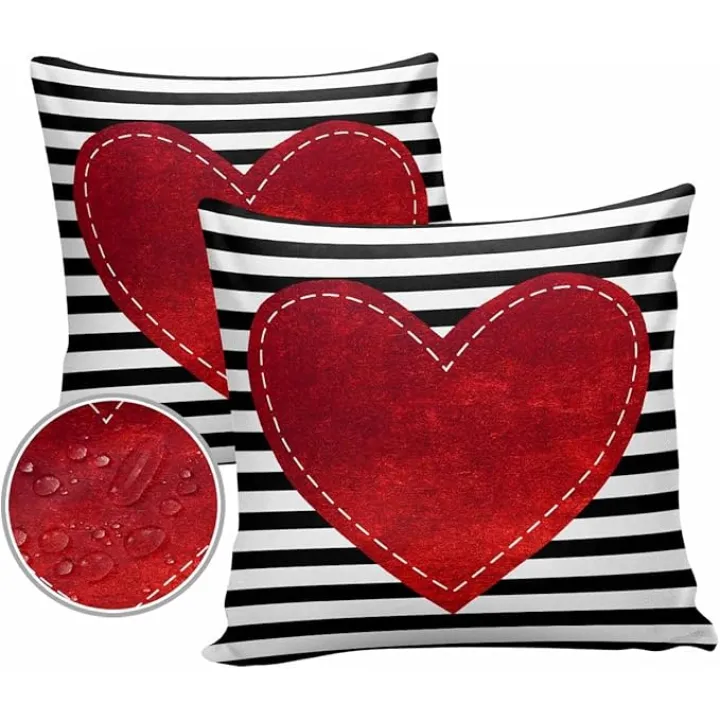 Valentines Outdoor Waterproof Pillow Covers Red Love Heart Set of 2 Pillowcases for Patio Black White Stripe Cushion Cases for Patio Couch Sofa Bench 16 x 16 Inches