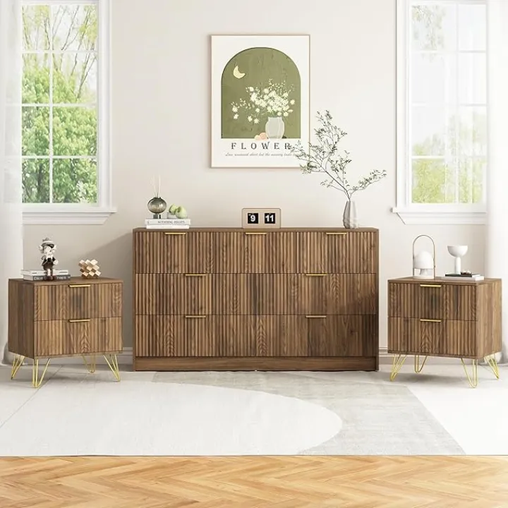 7 Drawer Dresser and Nightstand Sets for Bedroom, 3 Pcs Bedroom Set，Night Stand Set of 2 & 7 Drawer Dresser with Gold Handles, Wood Chest of Drawers Mid Century Storage Cabinet Set, Natural