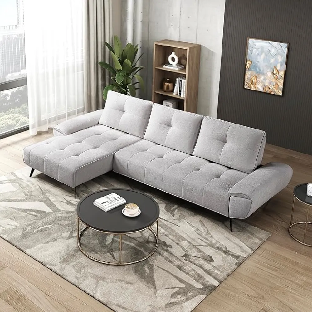 Lexicon Sectional Sofa Bed, Chenille L Shaped Sofa with Left Chaise with Adjustable Backrests for Dual Seat Depth, Tufted Cushion, Metal Legs, Sectional Couch for Living Room/Apartment, Light Gray