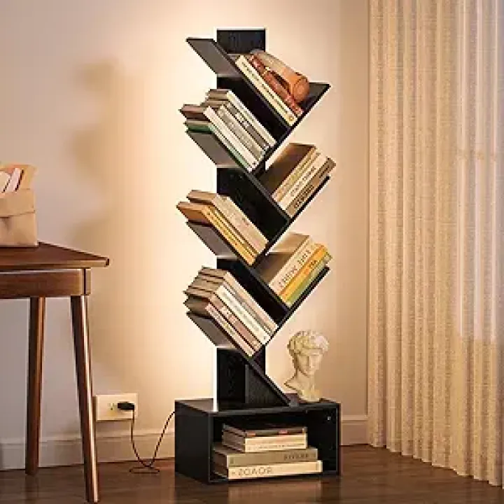 Yoobure Tree Bookshelf with LED Light, 6 Tier Book Shelf, Small Bookcase Narrow Bookshelves with Storage, Wood Book Case Organizer for CDs/Books, Floor-Standing Rack for Bedroom, Office, Black