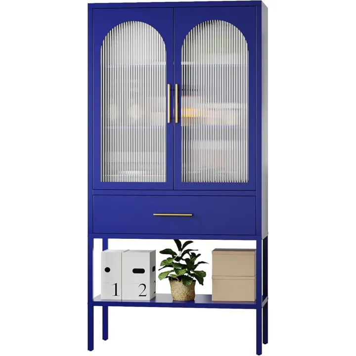 ALBAD Metal Storage Cabinet with Glass Doors，Kitchen Pantry Cabinet with Adjustable Shelves，Tall Modern Office Storage Organizer for Home Office, Living Room, Pantry