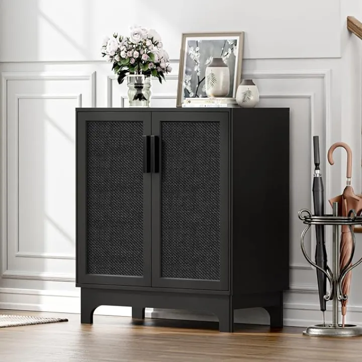 Black Rattan Cabinet, Natural Rattan Storage Cabinet with 2 Doors Adjustable Shelf Large Space Entryway Hallway Sideboard Buffet for Living Room Kitchen