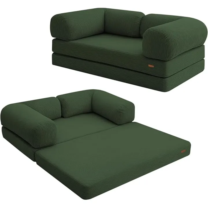 COMAX Futon Sofa Bed, 4-in-1 Floor Foldable Sofa Couch Bed Queen with L-Shaped Armrests, Convertible Folding Chair Bed Sleeper Mattress Fold Out Comfy Lounge for Living Room Bedroom, Green