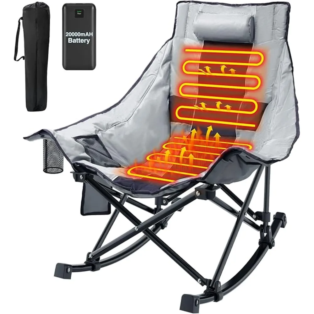 ZENPETIO Heated Camping Rocking Chair, Oversized Outdoor Rocking Chair with 20000mAh Power Bank, Portable Folding Heated Seat for Camp, Lawn, Sport Events