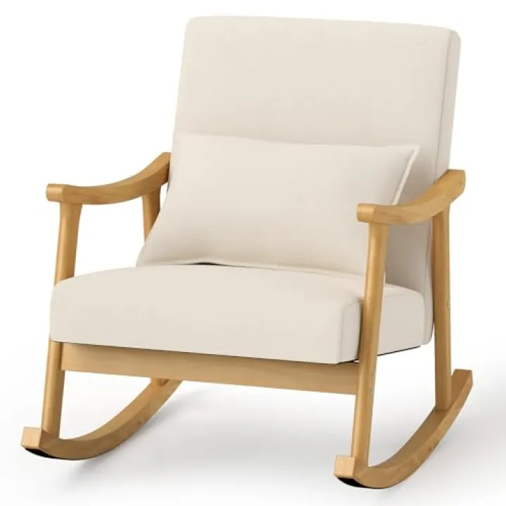 KOMFOTT Modern Rocking Chair, Upholstered Rocker Armchair with Lumbar Pillow, Padded Backrest & Seat, Natural Rubber Wood Frame, Comfy Accent Chair for Nursery, Living Room, Bedroom, Office, Beige
