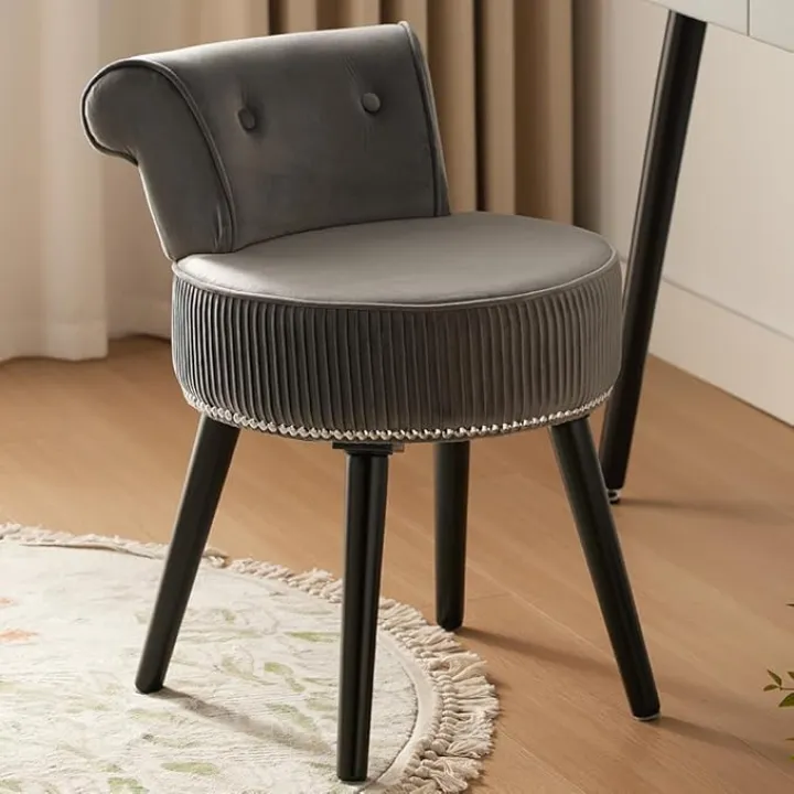 Grey Velvet Vanity Chair with Low Back Small Makeup Stool Chair Tufted Accent Chairs for Dressing Room Bedroom Bathroom and Living Room(Round-Grey)