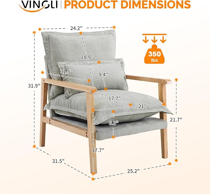 VINGLI Mid-Century Modern Cloud Accent Armchair with Lumbar Pillow, 6.3'' Thick Seat Cushion Comfortable Lounge Chair with Wooden Armrests for Bedroom, Living Room, Reading Room,Sage Green