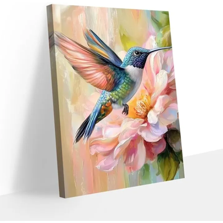 CHAOSETKEN Hummingbird Canvas Wall Art Colorful Birds with Floral Pictures Prints Rustic Animals Pink Floral Paintings for Home Decor Framed (Blue,18L x 12W)