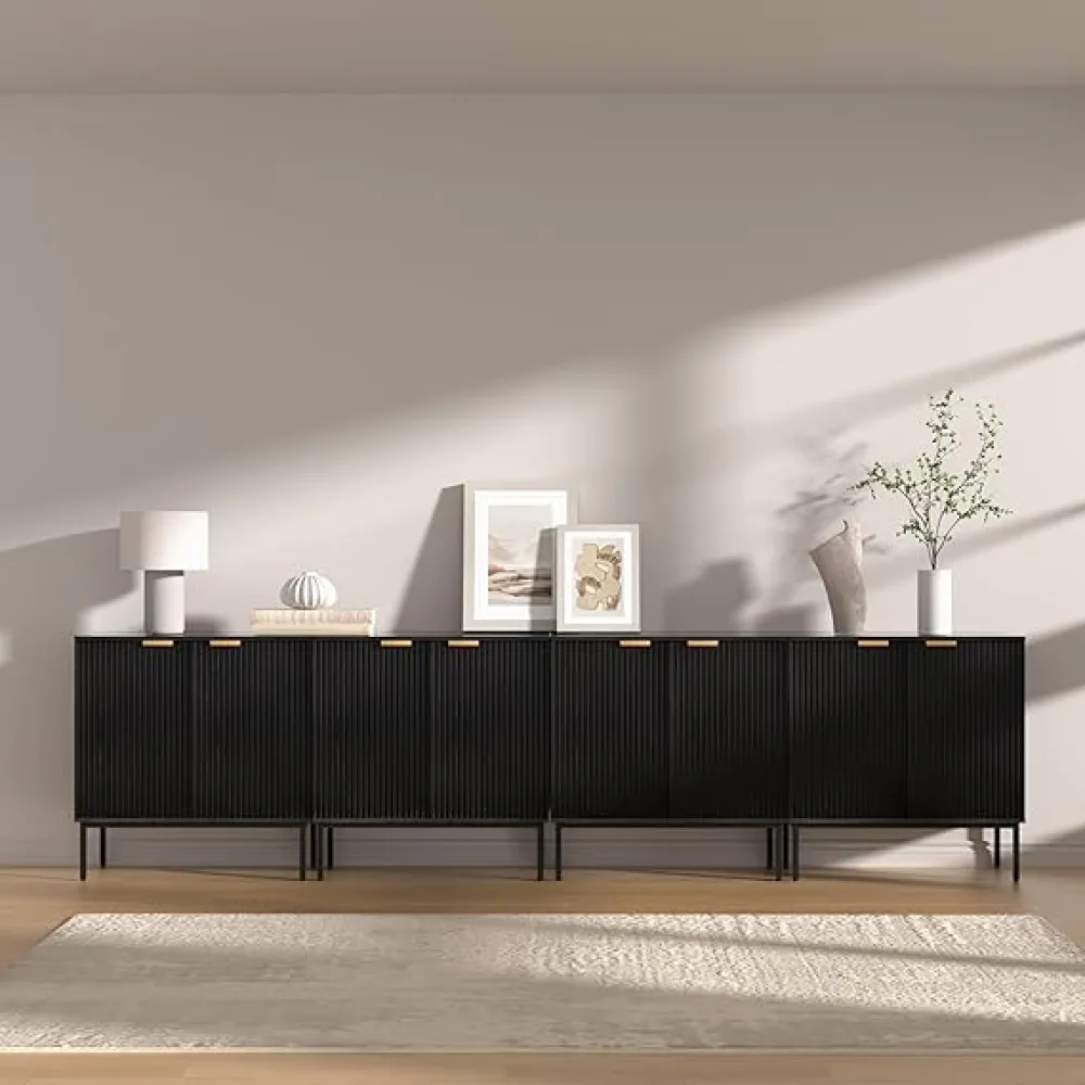 Fluted Sideboard, Buffet Cabinet with Storage, Wooden with Doors and Shelves, Accent Console Cabinet for Living Dining Room, Entryway (Two Doors-4 PCS, Black)