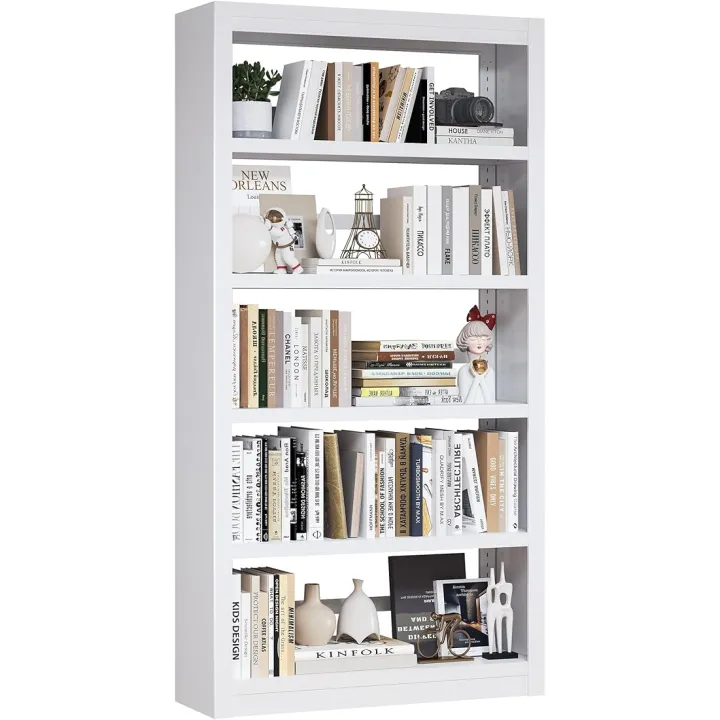 White Bookshelf, Adjustable 5 Tier Bookshelf, 69" H Modern Tall Bookcase, Metal Industrial Bookshelves and Bookcases for Living Rooms, Home Offices, Library, 10 Minutes Assemble