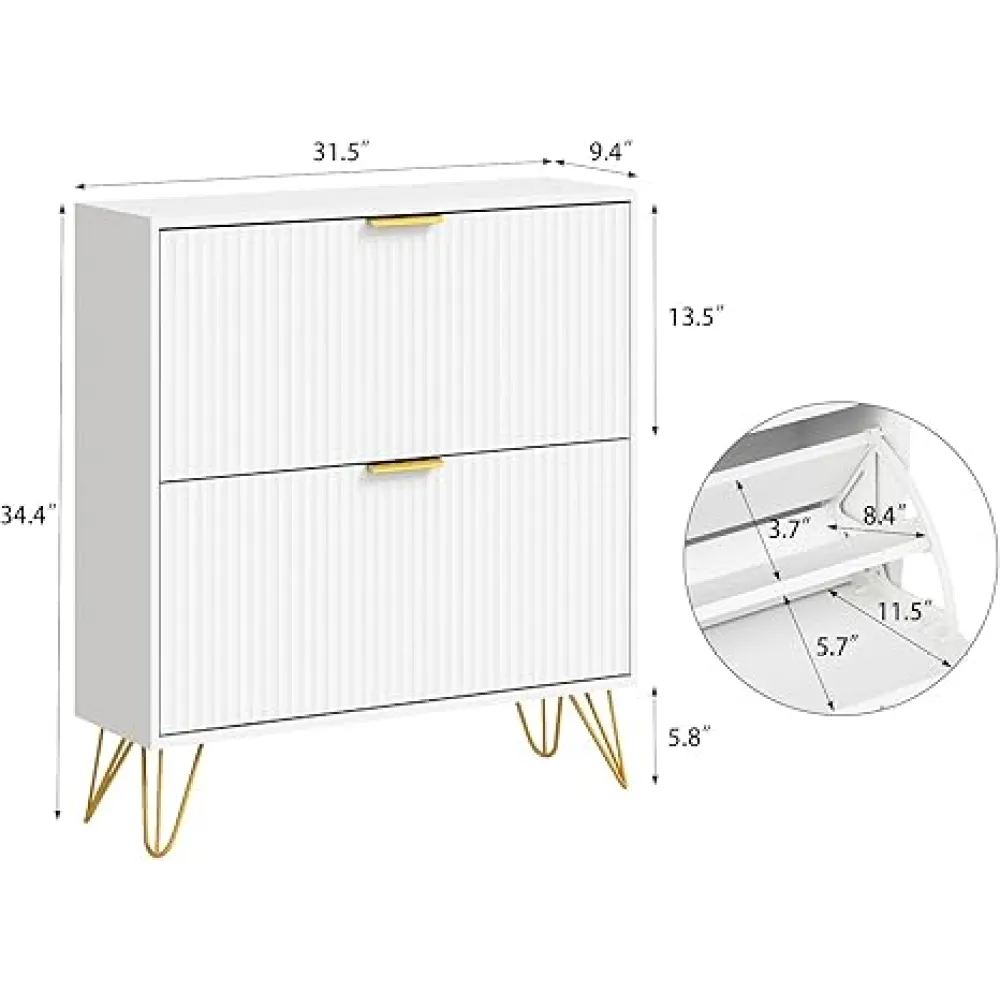 Shoe Storage Cabinet with 2 Flip Drawers, Fluted White Shoe Cabinet Storage for Entryway Slim, Narrow Shoe Organizer Cabinet, Modern Freestanding Shoe Rack for Entryway, White