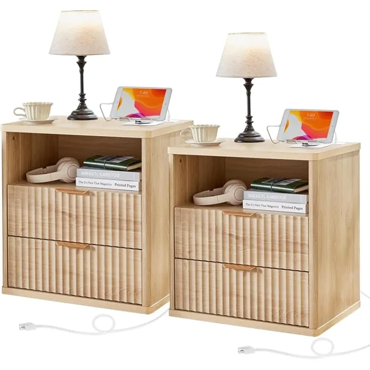 Lerliuo Fluted Farmhouse Nightstand Set of 2 with Charging Station, 23" Wide 2 Drawers End Table, Natural Dresser for Bedroom,Bed Side Table Chest of Drawers Cabinet,Wood Night Stand