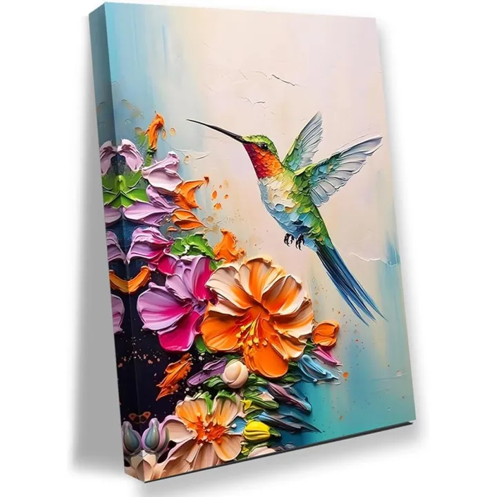 Colorful Oil Painting Style Hummingbird Wall Art,Spring Flowers Canvas Print Poster,Hummingbird Picture for Bedroom,Living Room,Dining Room Wall Decoration 12 * 18 in(Framed)