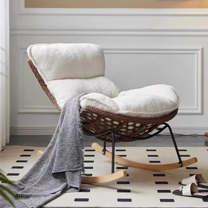 Patio Rattan Rocker Chair,Teddy Fabric Upholstered Glider Rocker with High Backrest, Modern Rocking Chairs Comfy Side Chair for Nursery, Bedroom, Living Room(White)