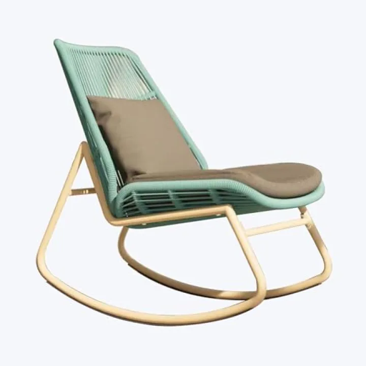 Generico Upholstered Nursing Armchair,Rocking Chair for Nursery,Modern Metal Frame Cane Weave Rocking Chair,for Nursery, Living Room,Patio, Backyard, Balcony(Blue-Green)