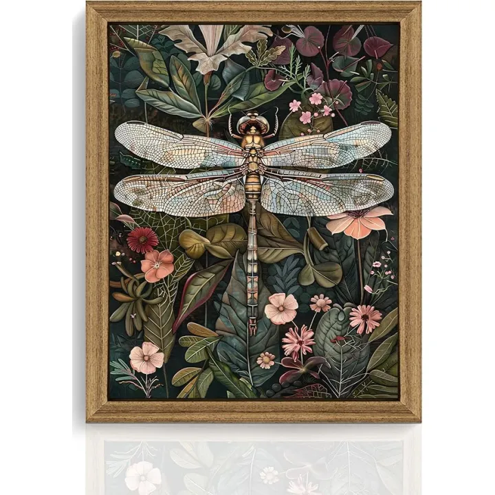 ICHZUMW William Morris Vintage Dragonfly Canvas Wall Art Framed, Green Botanical Wall Decor Pictures for Bedroom Living Room, Colorful Nature Painting Artwork Prints, Rustic Home Decorations, 8x10in