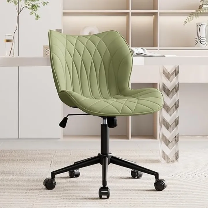 Rowill Faux Leather Office Chair with Wheels, Armless Desk Chair with Adjustable Height and Rolling Casters, Quilted Backrest, Ergonomic Modern Task Chair for Home & Office, Avocado Green