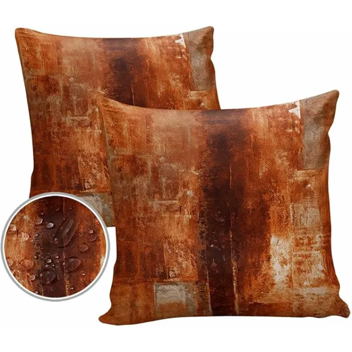 Outdoor Waterproof Throw Pillow Covers 20x20in, Abstract Oil Painting Art Cushions for Garden Patio Furniture Chairs Set of 2, Orange Home Decor Couch Sofa Polyester Pillow Cases