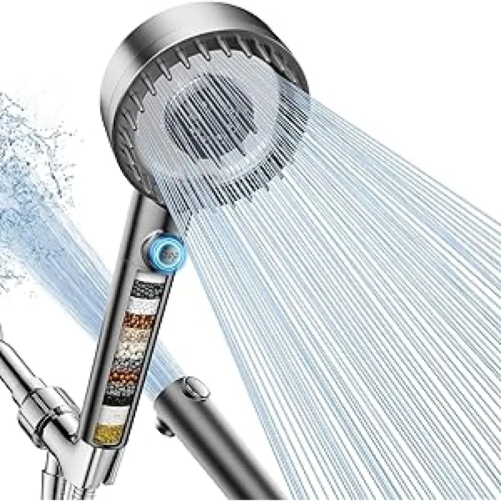 Filtered Shower Head with Handheld, High Pressure 4 Spray Mode Showerhead with Filters, Water Softener Filter Beads for Hard Water with ON/OFF Switch for Pets Bath-Remove Chlorine (Gray)