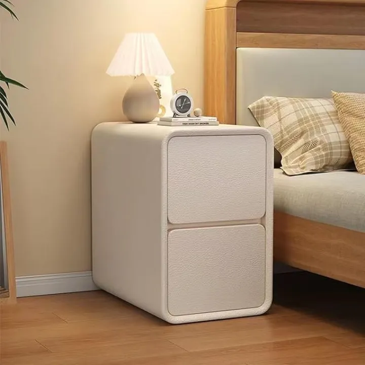 Narrow Nightstand with Drawers,Solid Wood Leather Nightstand,Fully Assembled Storage Accent Table,Cream Nightstands for Bedrooms, Dormitories, Living Rooms,White - 12" W