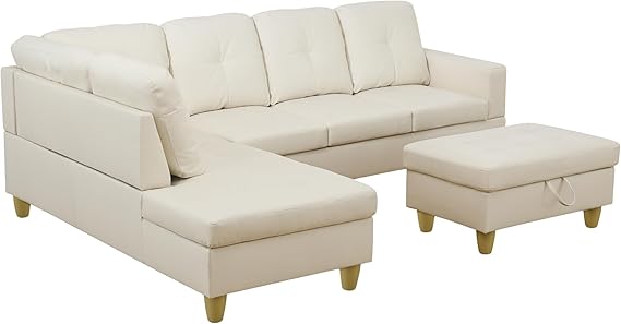 L Shaped Couch Modern Couches for Living Room Faux Leather 3 Pieces Modular Sectional Sofa with Storage Ottoman and Back Cushions for Reception Room and Apartment, White