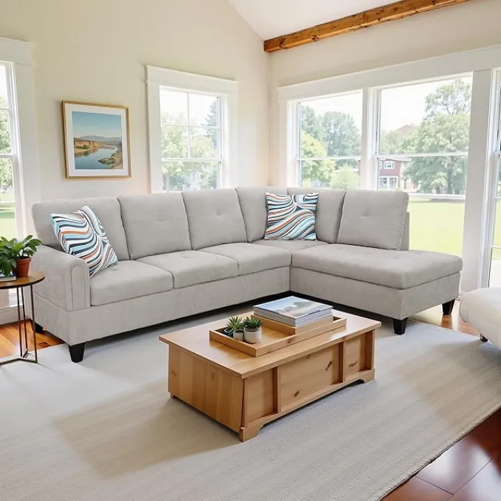 L Shaped Couch 97" Modular Sectional Sofa Upholstered Flannel 2 Pieces Cloud Sofa Bed Couch with Chaise Lounge and High Density Sponges for Living Room and Apartment, Light Grey