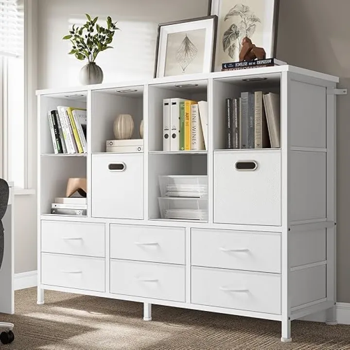 Bookcase, 8-Cube Storage Bookshelf with 6 Fabric Drawers, DIY Cube Fabric Storage Organizer, 4 Tiers Bookcase with Open Display Shelves, Modern Display Bookshelf for Home and Office,White