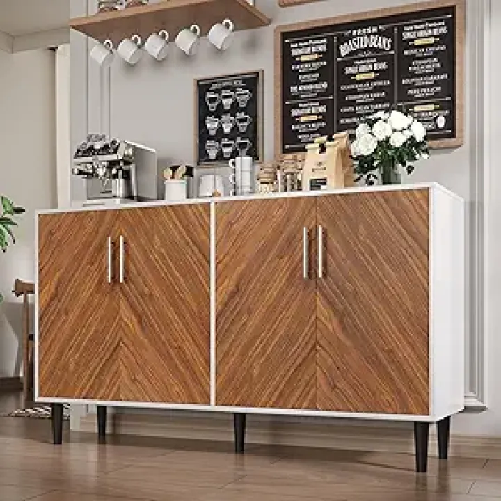 4 EVER WINNER Walnut Buffet Cabinet with Storage, Buffet Sideboard Cabinet with Adjustable Shelves, White and Brown Coffee Bar with 4 Doors for Living Room,Entryway