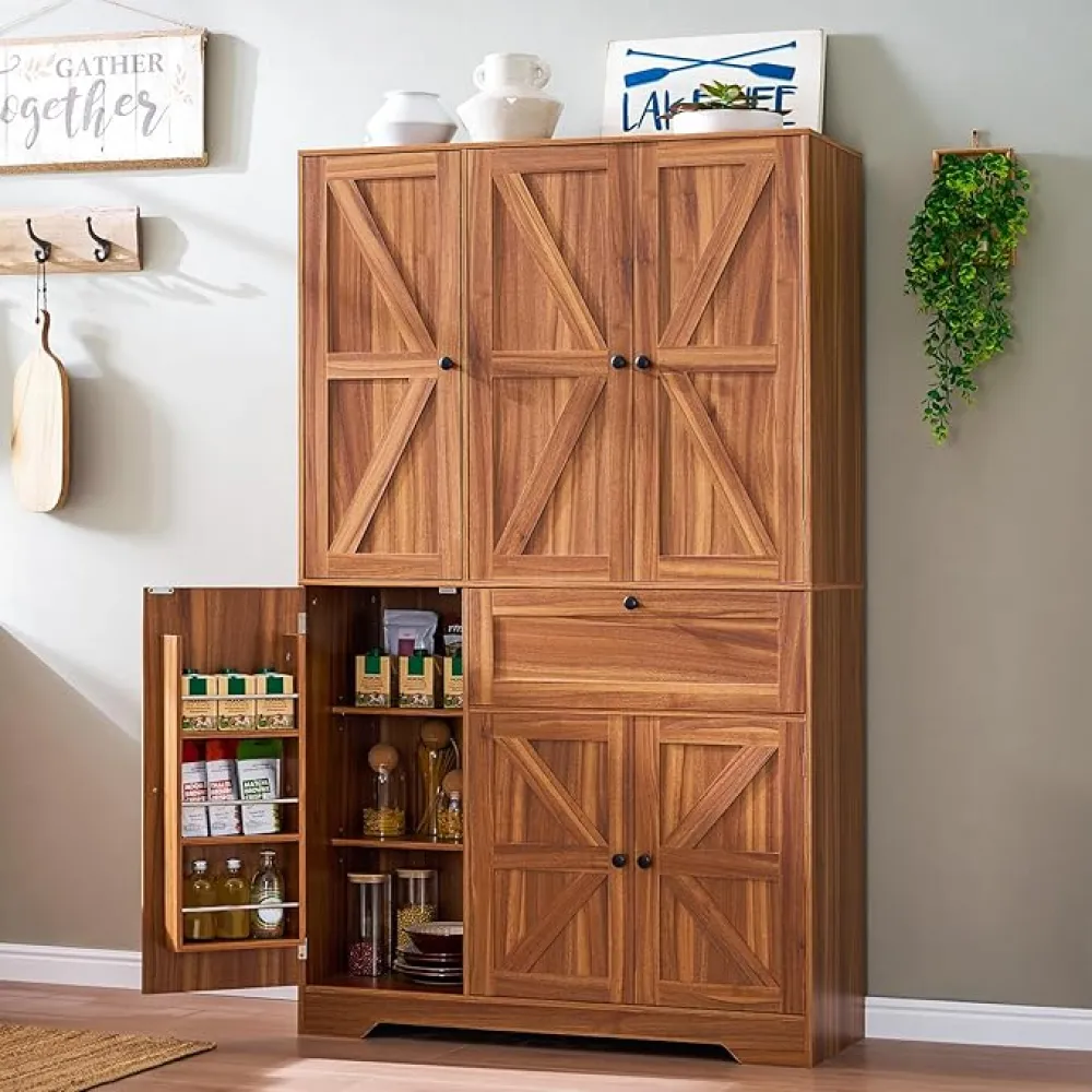 Artswish Kitchen Pantry Cabinet, 69" Tall Kitchen Cabinet with Doors Adjustable Shelves and Drawer, Wood Cupboard Farmhouse Pantry Cabinets for Home Organization, Dining Room, Walnut Brown