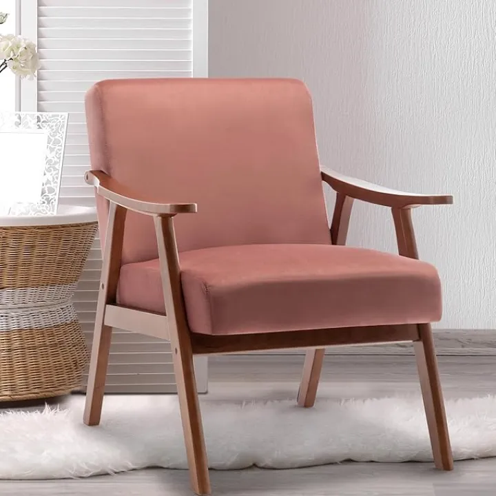 Ball & Cast Mid-Century Modern Living Room Chair with Solid Wood Frame,Lounge Accent Chair Extra-Thick Backrest,Wingback Armchair for Bedroom,Reading Room,Pink